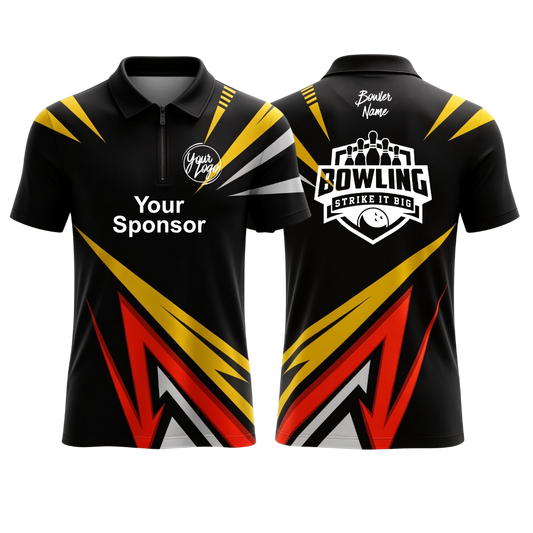 Custom black base with bold yellow, red, and white graphic patterns polo zip bowling jersey
