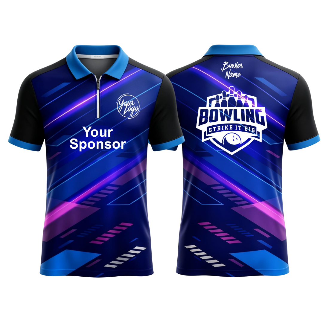 Custom blue and black geometric pattern with neon purple accents polo zip bowling jersey