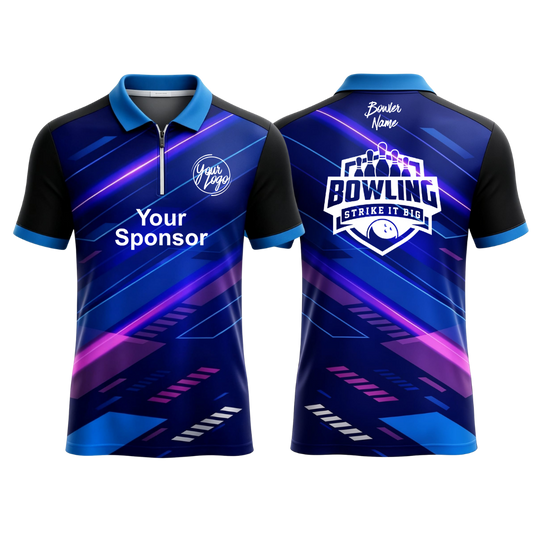 Custom blue and black geometric pattern with neon purple accents polo zip bowling jersey