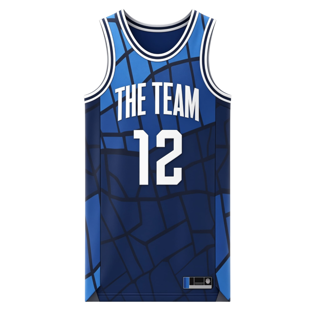 Custom blue and navy stained-glass pattern basketball singlet