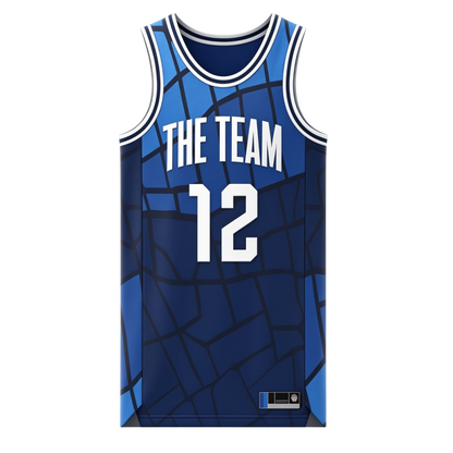 Custom blue and navy stained-glass pattern basketball singlet