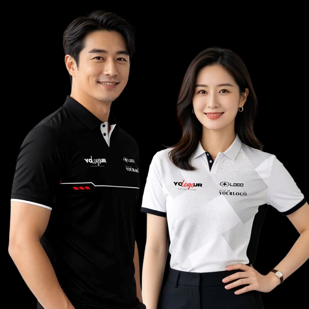 Two models wearing black and white corporate polo shirts with company logos
