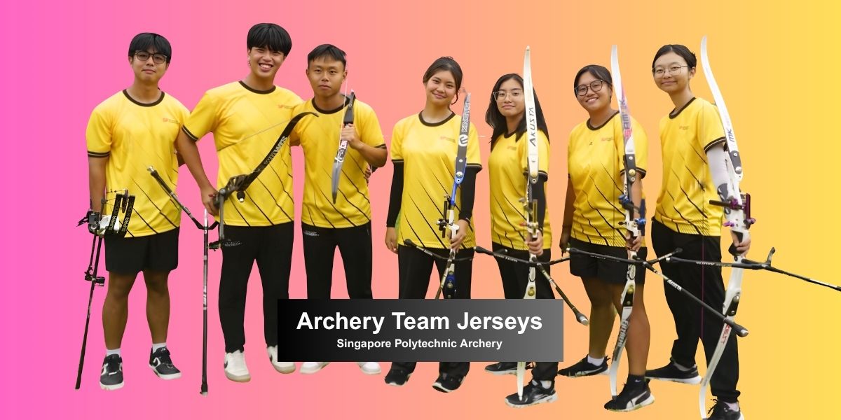 Archery team members standing together, wearing custom made bright yellow archery jerseys made by LEAM.