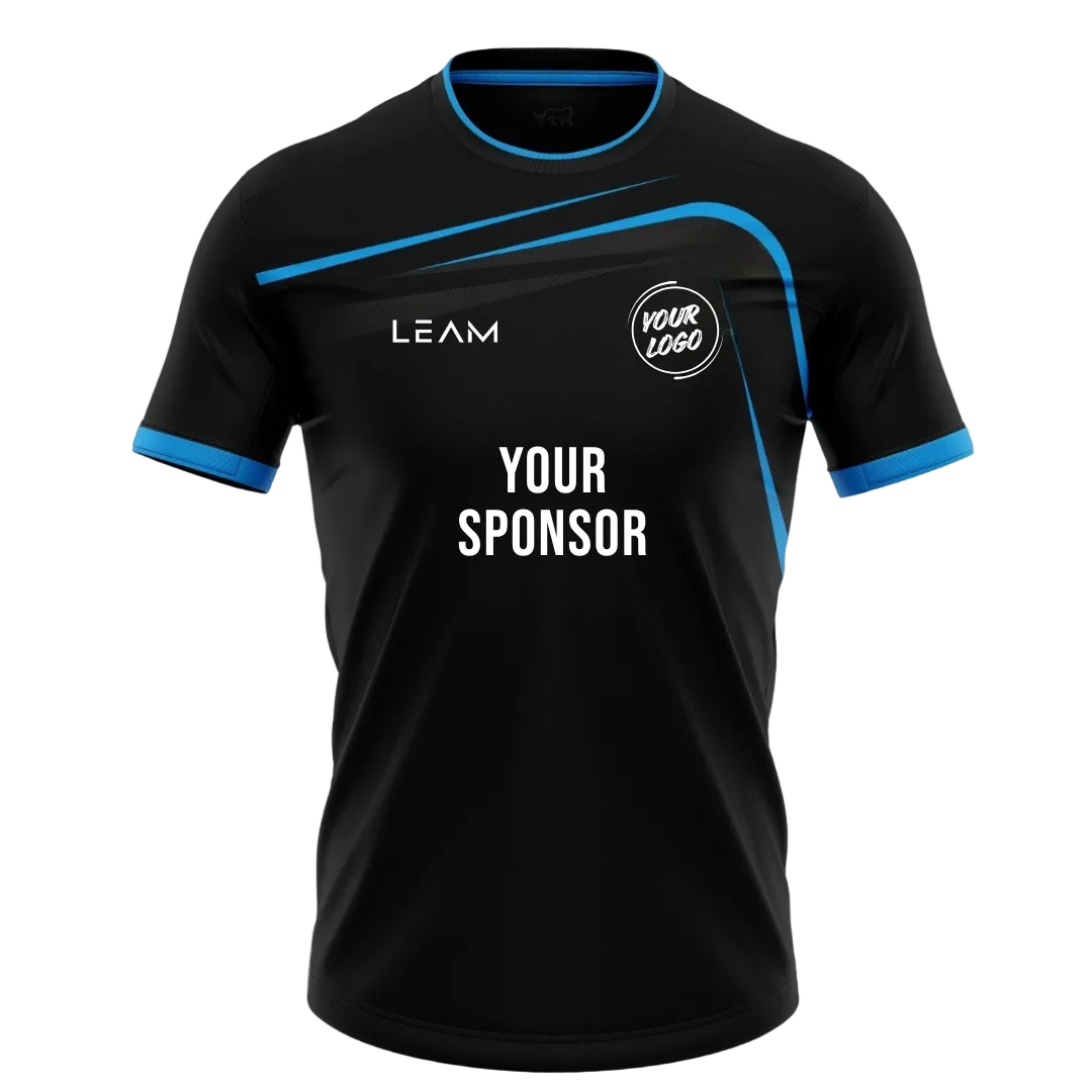 Custom black with blue trim on the collar and cuffs football jersey