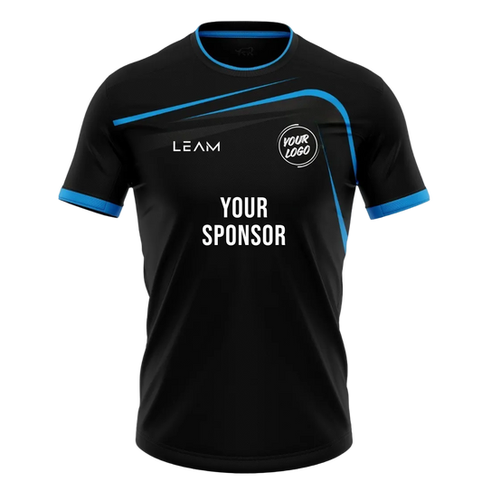 Custom black with blue trim on the collar and cuffs football jersey