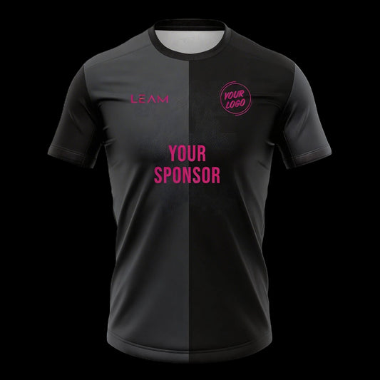 Custom black and grey sports football jersey with pink text and branding