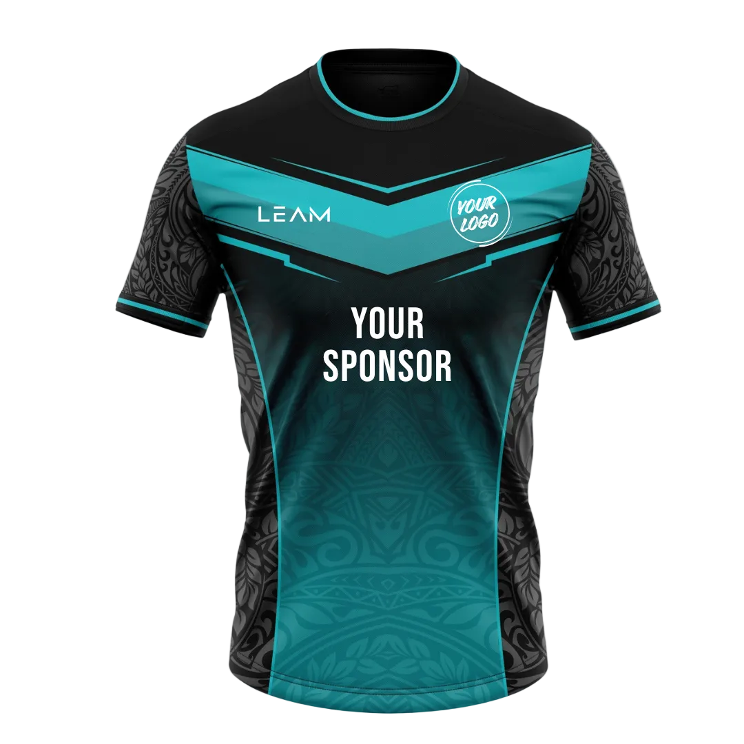 Custom black and teal football jersey with tribal patterns