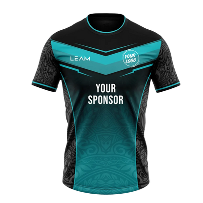 Custom black and teal football jersey with tribal patterns