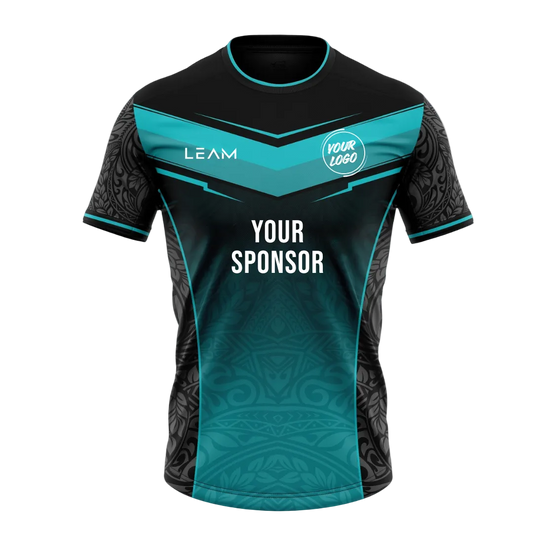 Custom black and teal football jersey with tribal patterns