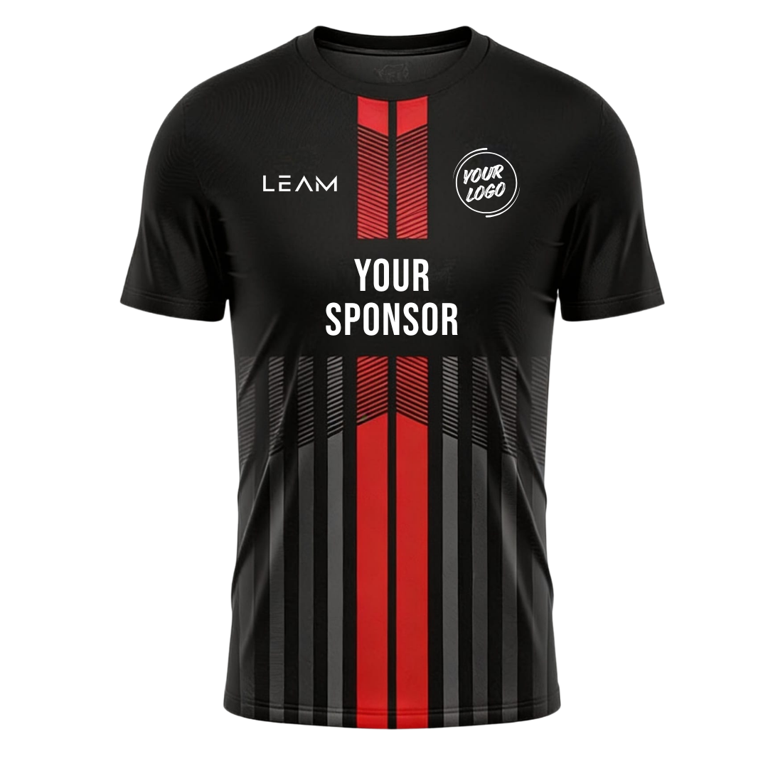 Custom black with vertical red and grey striped graphic on the front football jersey
