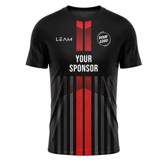 Custom black with vertical red and grey striped graphic on the front football jersey