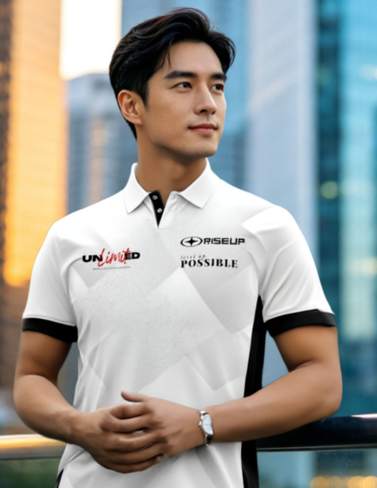 A man wearing a white short-sleeve custom corporate shirt with black trim and multiple printed logos suitable for corporates in Singapore