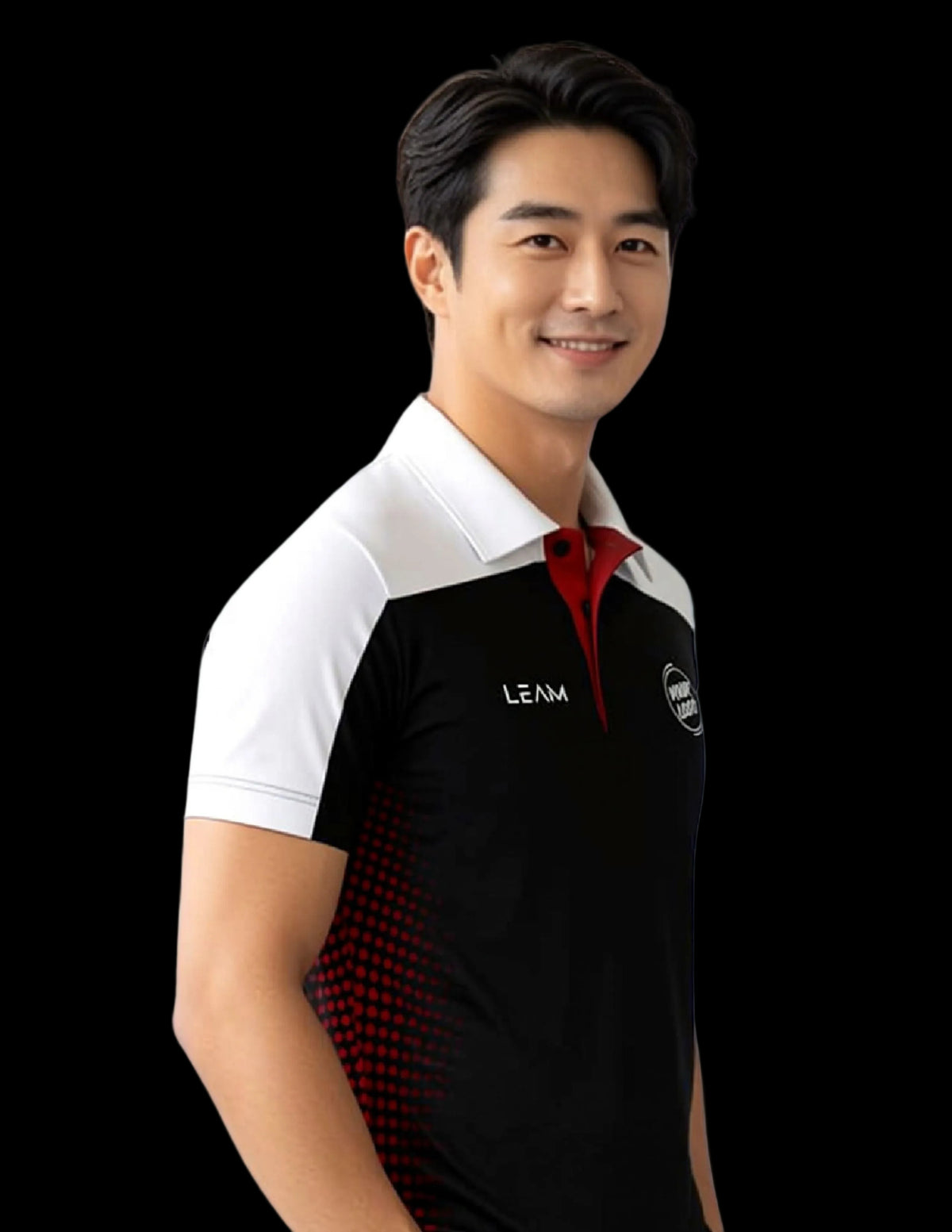 A man wearing a black, white, and red polo shirt with a gradient pattern on the side suitable for corporates in Singapore