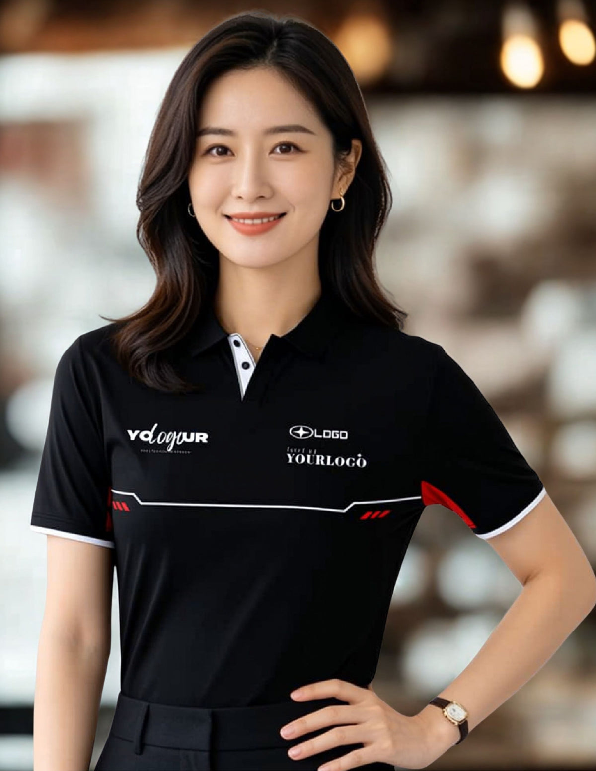 A woman wearing a black short-sleeve polo shirt with white and red accents and printed logos, suitable for corporates in Singapore