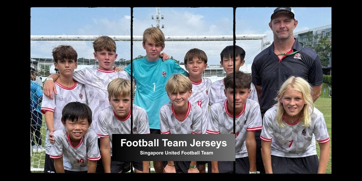 Youth football team wearing custom made white football jerseys with red and dark trim made by LEAM.