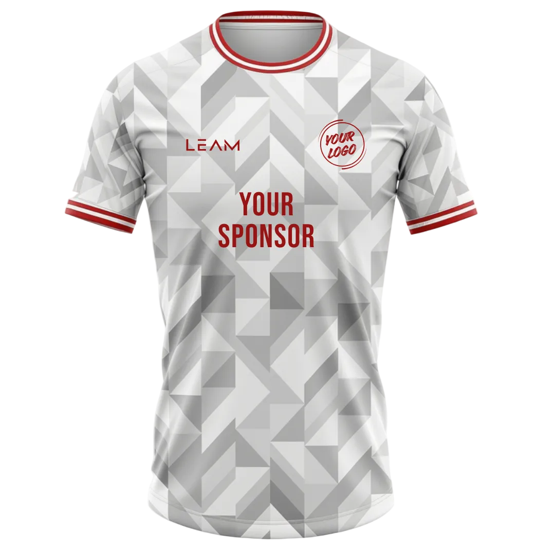 Custom grey and white geometric pattern, red collar and sleeve trim football jersey