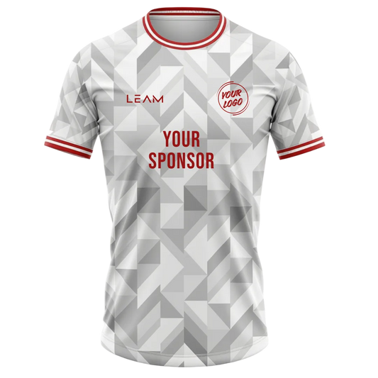 Custom grey and white geometric pattern, red collar and sleeve trim football jersey