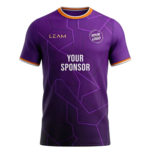 Custom purple football jersey with geometric line patterns and orange and white trim collar and sleeve cuffs