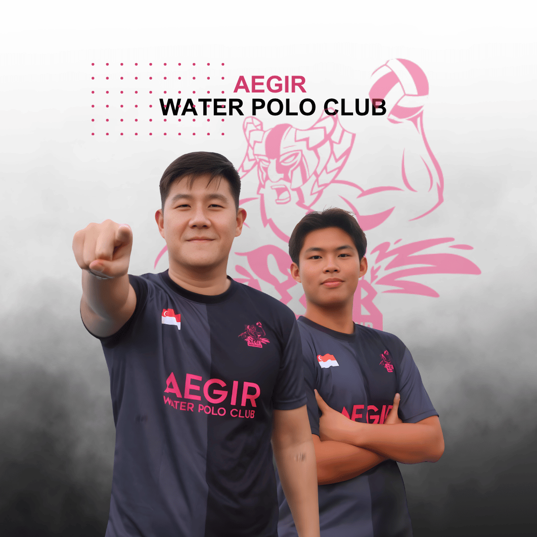 Two waterpolo players posing in custom made waterpolo jerseys.