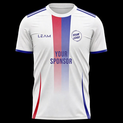 Custom white sports football jersey with red and blue stripe down the middle