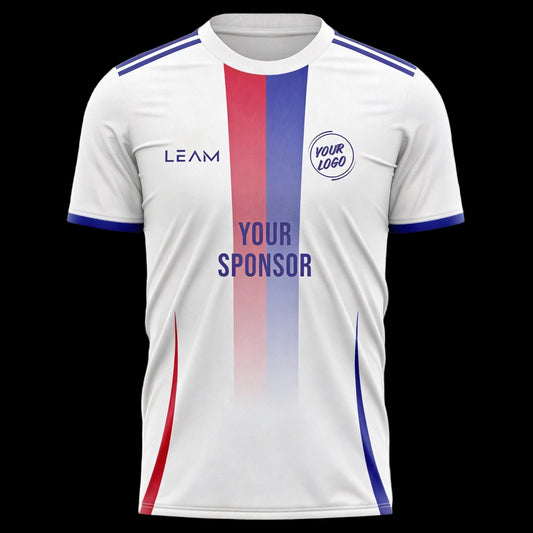 Custom white sports football jersey with red and blue stripe down the middle