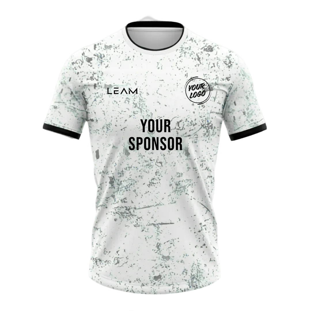 Custom white and grey distressed paint splatter pattern football jersey, black collar and sleeve trim