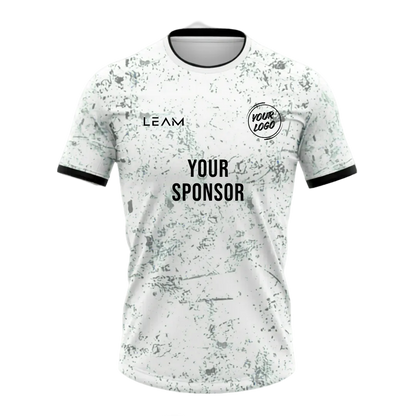 Custom white and grey distressed paint splatter pattern football jersey, black collar and sleeve trim