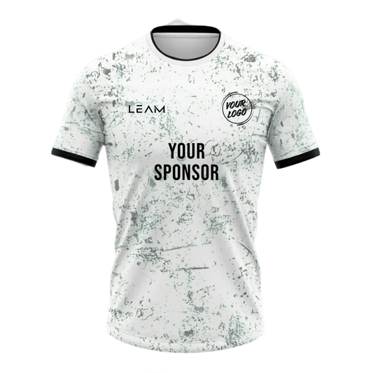 Custom white and grey distressed paint splatter pattern football jersey, black collar and sleeve trim
