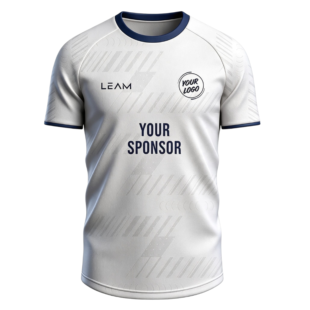 Custom white with navy blue trim on collar and cuffs featuring a subtle geometric pattern football jersey
