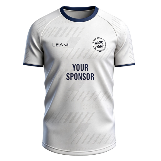 Custom white with navy blue trim on collar and cuffs featuring a subtle geometric pattern football jersey