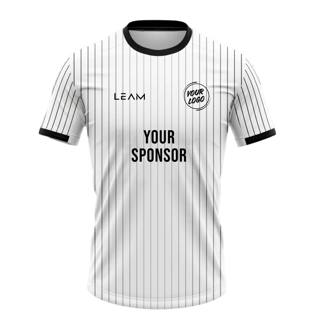 Custom white with thin black vertical pinstripes football jersey, black collar and sleeve trim