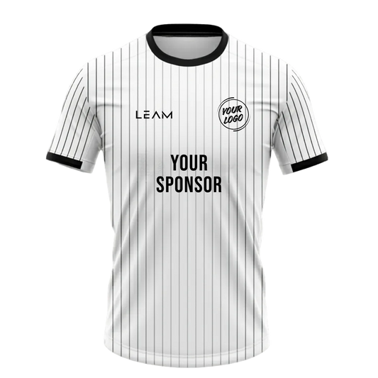 Custom white with thin black vertical pinstripes football jersey, black collar and sleeve trim