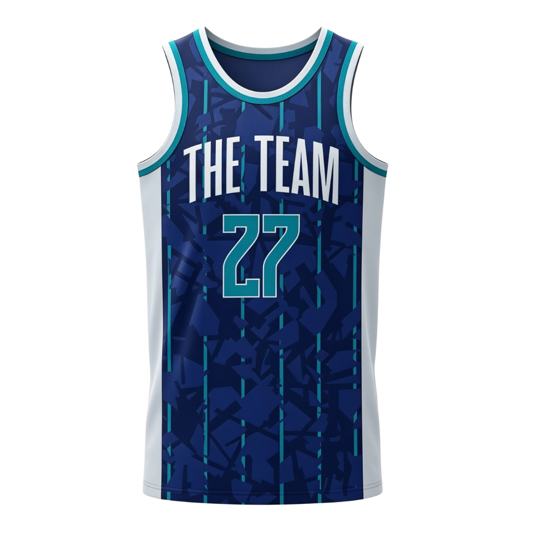 Custom dark blue and navy geometric pattern basketball singlet