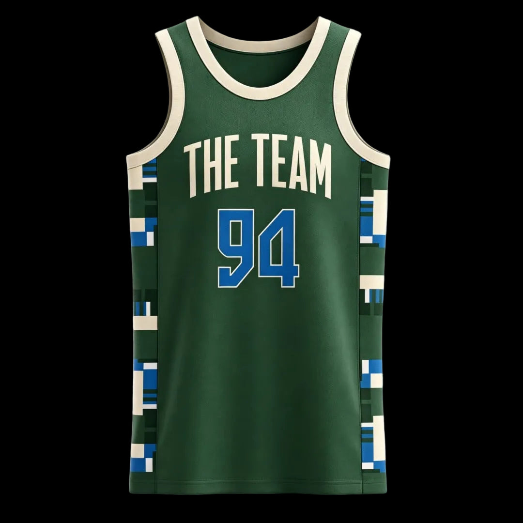 Custom green with blue and beige pixelated pattern on the sides