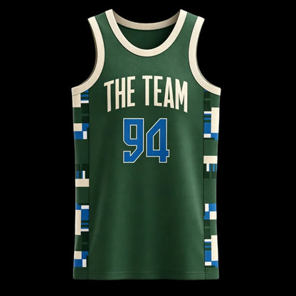Custom green with blue and beige pixelated pattern on the sides