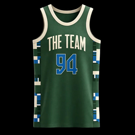 Custom green with blue and beige pixelated pattern on the sides