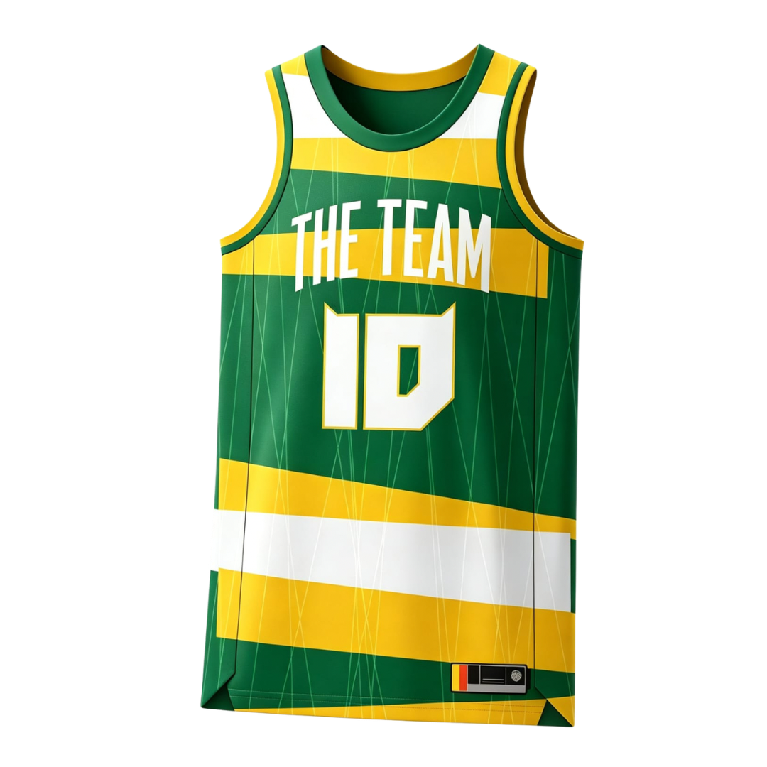 Custom green and yellow striped against plain white background basketball singlet