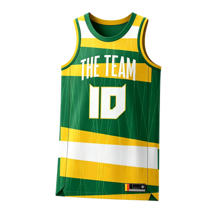 Custom green and yellow striped against plain white background basketball singlet