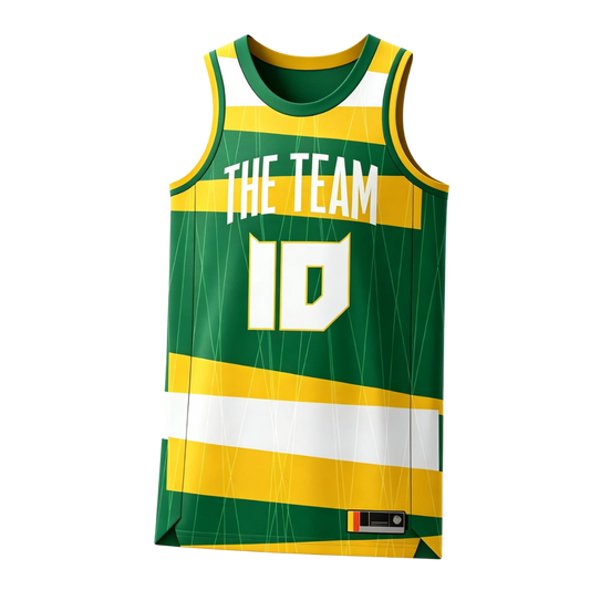 Custom green and yellow striped against plain white background basketball singlet