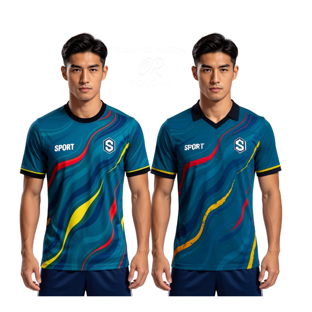 Same model wearing same jersey with different collars 