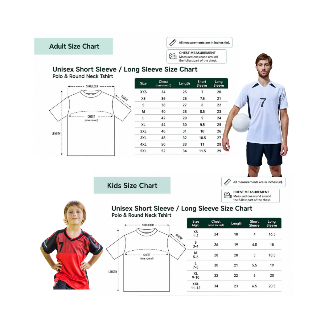 A size chart infographic for unisex short and long sleeve polo shirts, showing adult and kids size measurement tables, line drawings of t-shirts with chest, shoulder, and length measurements, and photos of two models wearing the shirts.