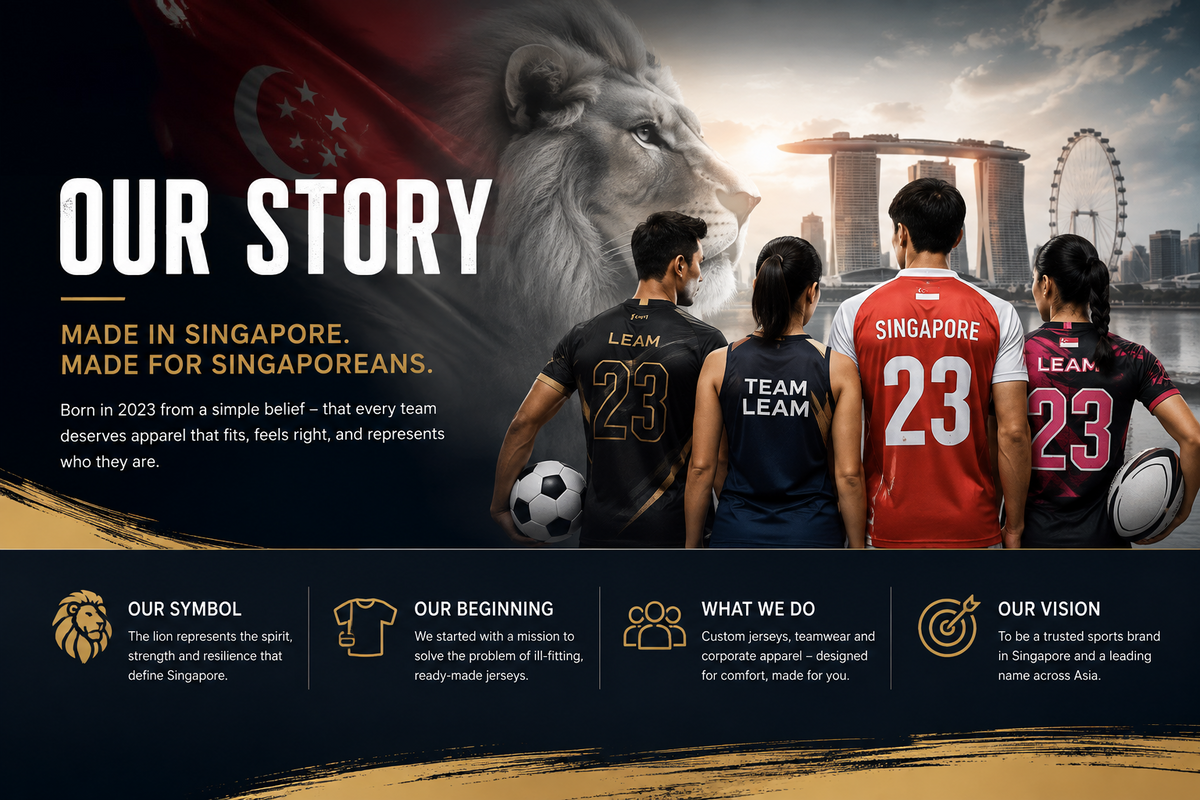 LEAM custom sportswear Our Story banner in Singapore