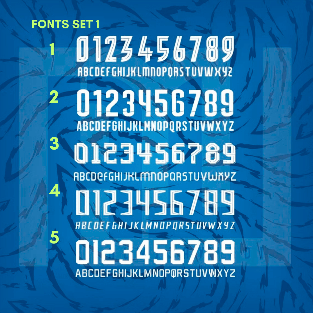 A digital preview of a font set labeled 'Fonts Set 1' showing five numbered styles of white alphanumeric and alphabet lettering.