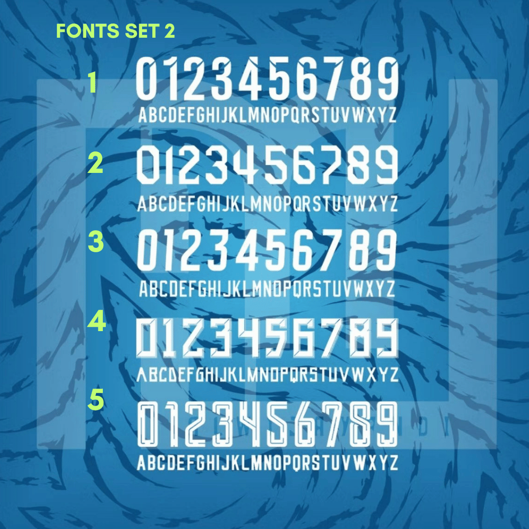 A digital preview of a font set labeled 'Fonts Set 2' showing five numbered styles of white alphanumeric and alphabet lettering.