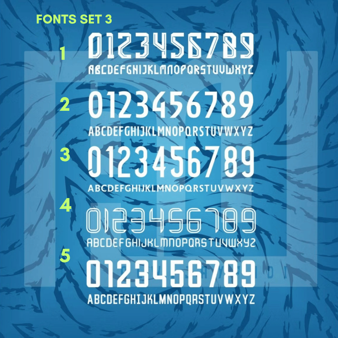A digital preview of a font set labeled 'Fonts Set 3' showing five numbered styles of white alphanumeric and alphabet lettering.