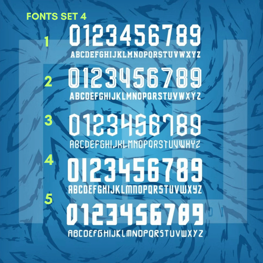 A digital preview of a font set labeled 'Fonts Set 4' showing five numbered styles of white alphanumeric and alphabet lettering.