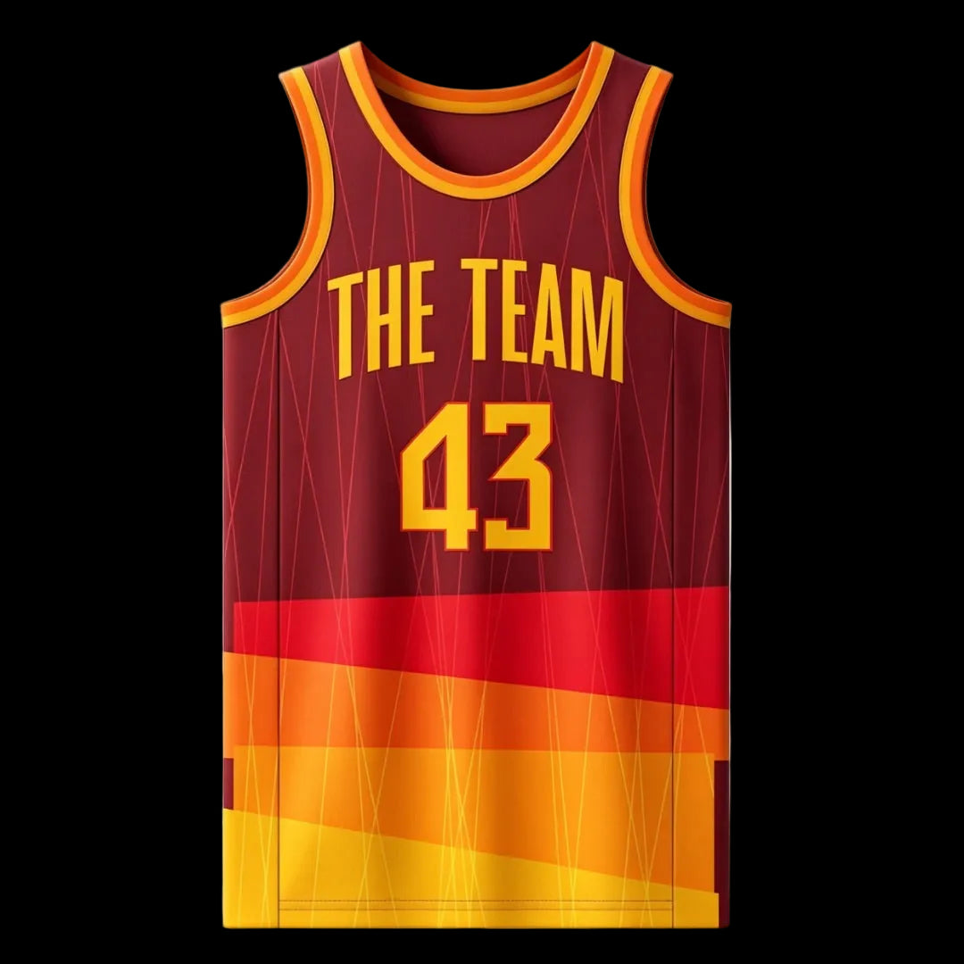 Custom maroon top section transitioning into a red band, and ending with yellow, orange, and gold wavy stripes at the bottom basketball singlet