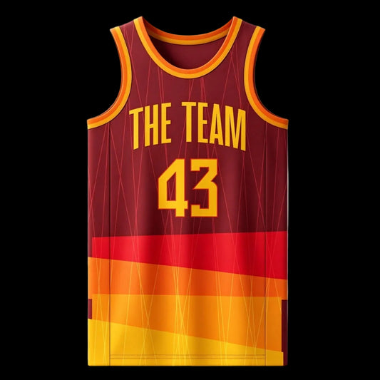 Custom maroon top section transitioning into a red band, and ending with yellow, orange, and gold wavy stripes at the bottom basketball singlet
