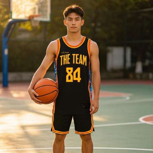 Model wearing custom black with blue and black patterned side panels basketball singlet