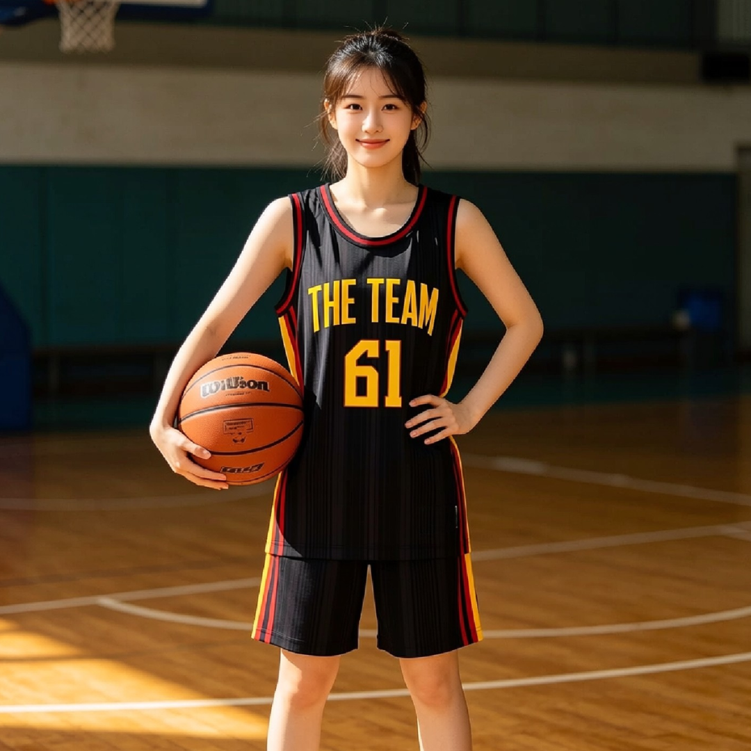 Model wearing custom black with vertical textured stripes and red yellow side stripes basketball singlet